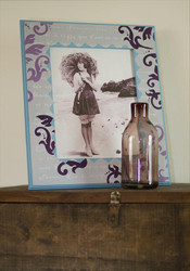 French script and brocade stenciled frame